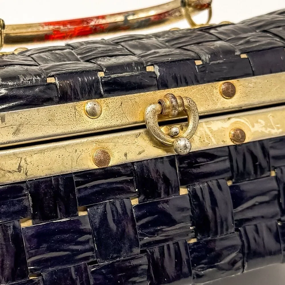 Vintage Woven Plastic Raffia Box Purse Black Gold Lucite Handle Jewelry Case
